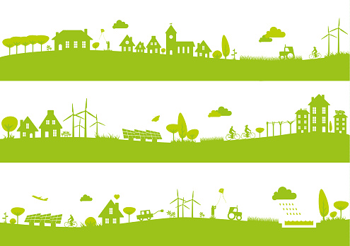 Three banners with urban green landscapes