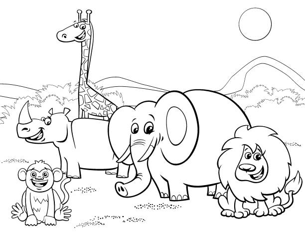 cartoon safari animals group coloring page Black and White Cartoon Illustration of Wild Safari Animals Comic Characters Group Coloring Book Page coloring illustrations stock illustrations
