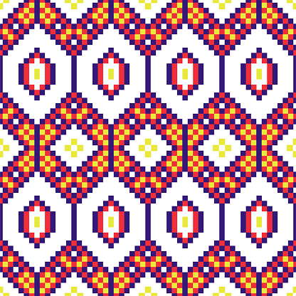 African geometric seamless pattern beaded texxture print shapes. Bright colors vector fabric rhomb background.