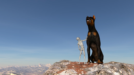 3d Illustration of a gray alien petting a huge dog on a mountaintop.