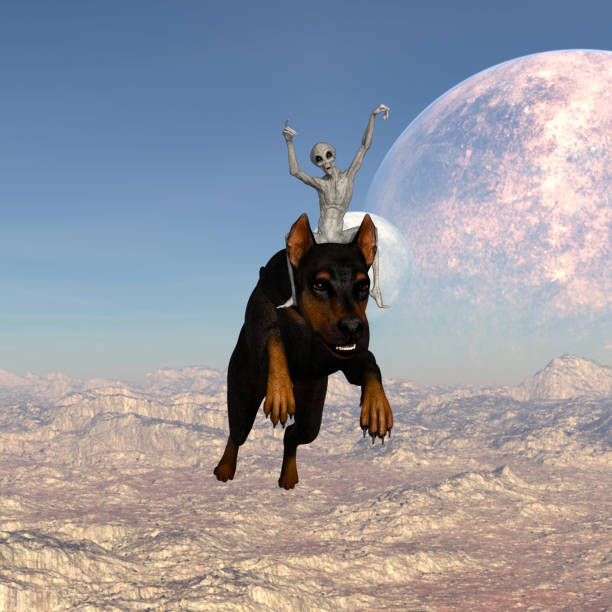3d Illustration of a gray alien riding a dog with his arms out against an alien landscape featuring a large moon and small planet in the background.