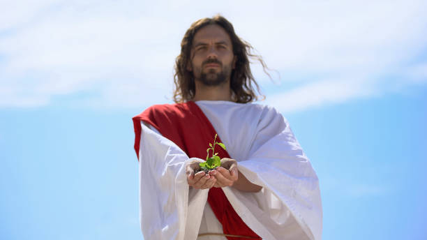 istock Man in robe showing sprout against sky, nature saving, environmental problems 1175583445