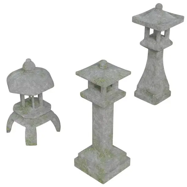 3D rendering illustration of some toro lamps for a Japanese garden