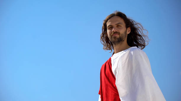 God smiling into camera, rejoicing righteous Christians, religion concept