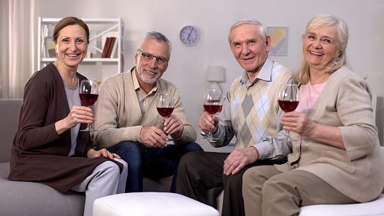 Aged men and women holding wine glasses smiling camera, friends togetherness
