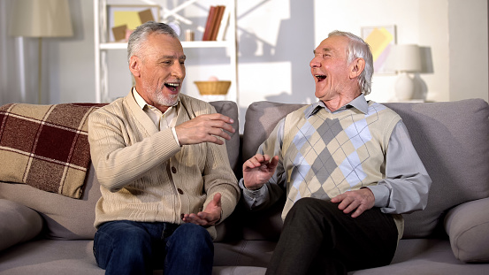 Aged brothers laughing sitting sofa together, old friends having fun, free time