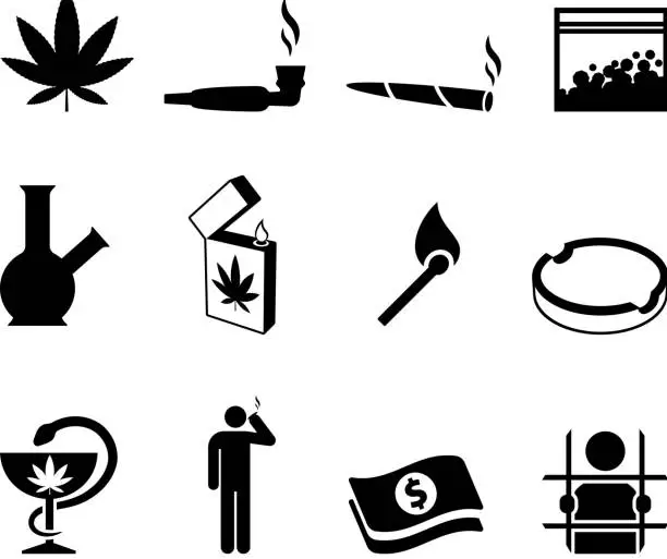 Vector illustration of marijuana black and white royalty free vector icon set