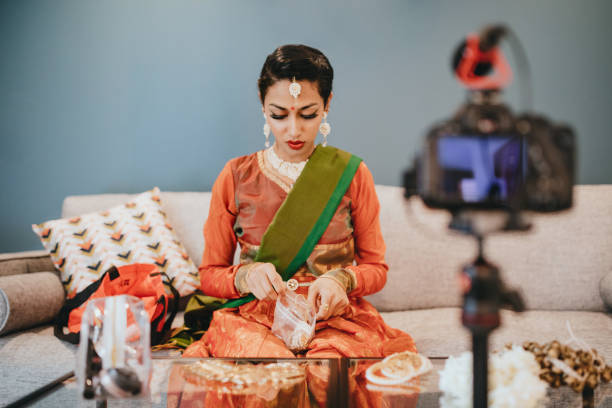 istock Indian Woman Vlogging Traditional Clothing Tutorial 1175591001