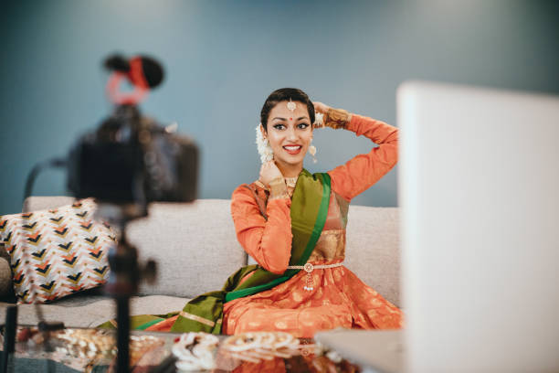 istock Indian Woman Vlogging Traditional Clothing Tutorial 1175591006