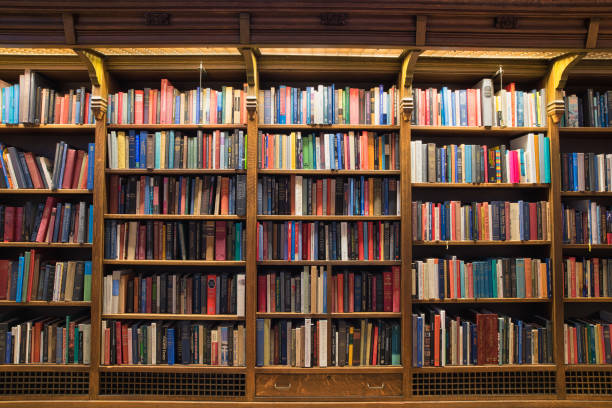 istock Wood Library Bookshelves 1175593056