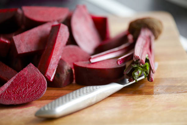 Freshy chopped beetroot close up on a chopping board
