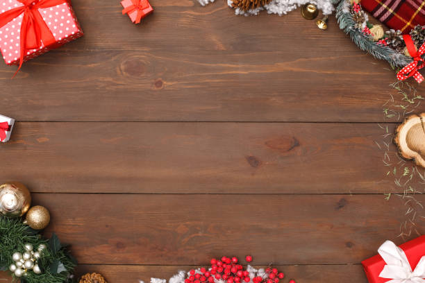 istock New Year. Decorative objects frame on wooden surface top view close-up 1175599973