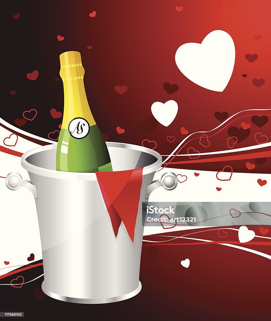 Bouteille de Champagne sur fond de rouge Saint Valentin - clipart vectoriel de Amour libre de droits