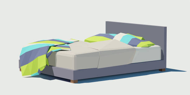 Vector polygonal double bed with colorful pillows Vector polygonal double bed with colorful pillows. Low poly 3d vector illustration. King Size stock illustrations