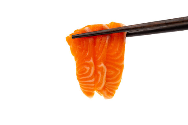 istock Salmon raw sashimi with chopsticks on a white background 1175614943