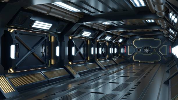 istock Science background fiction interior room sci-fi spaceship corridors yellow. 1175615096