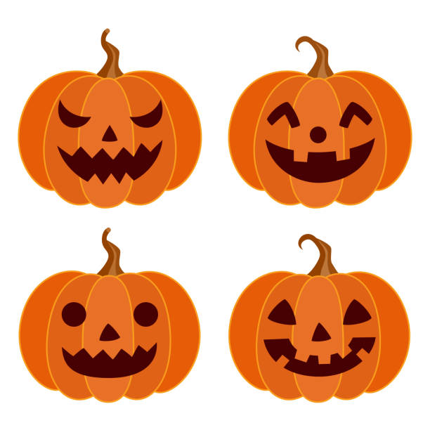halloween-kürbisse verschiedene gesichter gesetzt - kürbis stock-grafiken, -clipart, -cartoons und -symbole