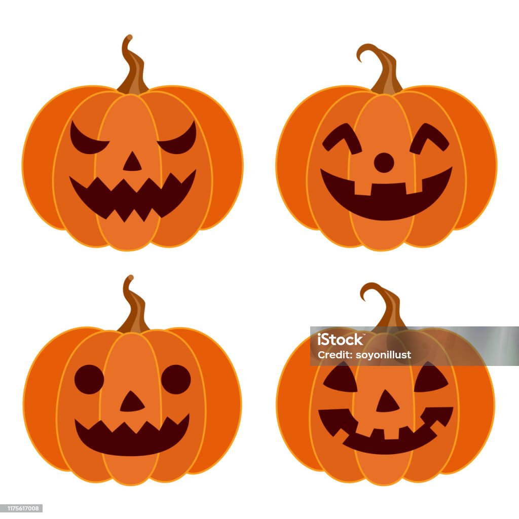 Calabazas de Halloween diferentes caras conjunto - arte vectorial de Calabaza gigante libre de derechos