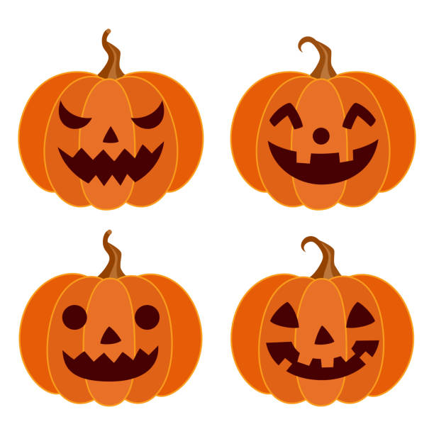 ilustrações, clipart, desenhos animados e ícones de faces diferentes das abóboras de halloween ajustadas - pumpkin autumn october squash