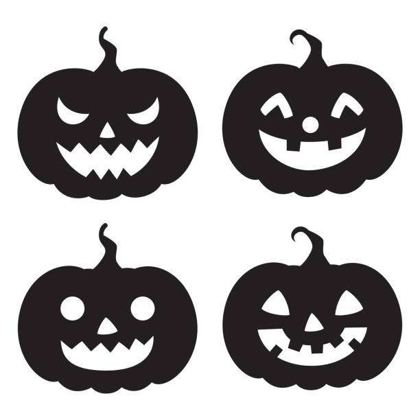 ilustraciones, imágenes clip art, dibujos animados e iconos de stock de conjunto de iconos de silueta de calabazas de halloween - linterna de halloween ilustraciones
