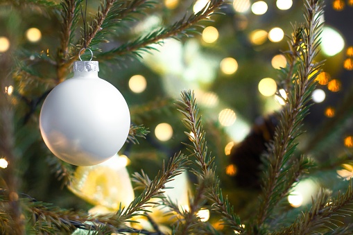 Christmas tree decorations at night. Close-up.