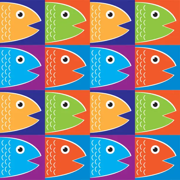 Vector illustration of Fish Squares Seamless Pattern