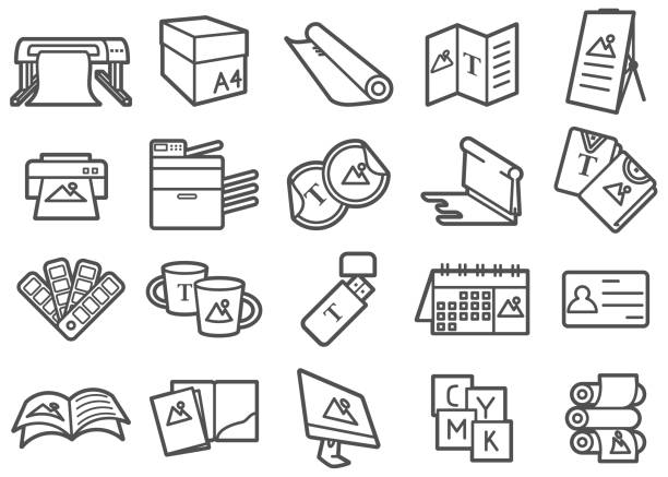 ilustraciones, imágenes clip art, dibujos animados e iconos de stock de conjunto de iconos de la línea de la tienda de impresión - fotocopiadora