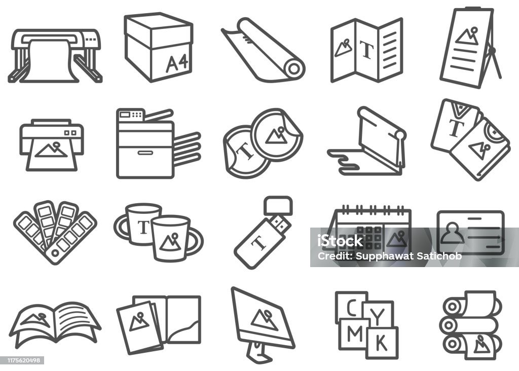 Print Shop Line Icons Set There is a set of icons for print shop and related tools in the style of Clip art. Icon stock vector