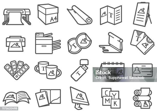 Print Shop Line Icons Set Stock Illustration - Download Image Now - Icon, Printing Press, Printmaking Technique