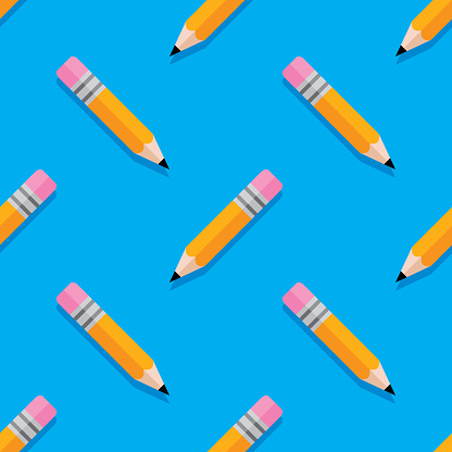 Vector illustration of pencils in a repeating pattern against a blue background.