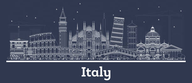 illustrazioni stock, clip art, cartoni animati e icone di tendenza di delinea lo skyline della città italiana con edifici bianchi. - milan city