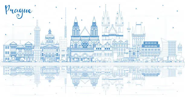 Vector illustration of Outline Prague Czech Republic City Skyline with Blue Buildings and Reflections.