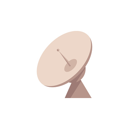 Satellite radar dish with antenna icon. Cosmic communication technology symbol. Television, internet, wireless data transmission tool. Broadcast signal receiver. Vector flat illustration