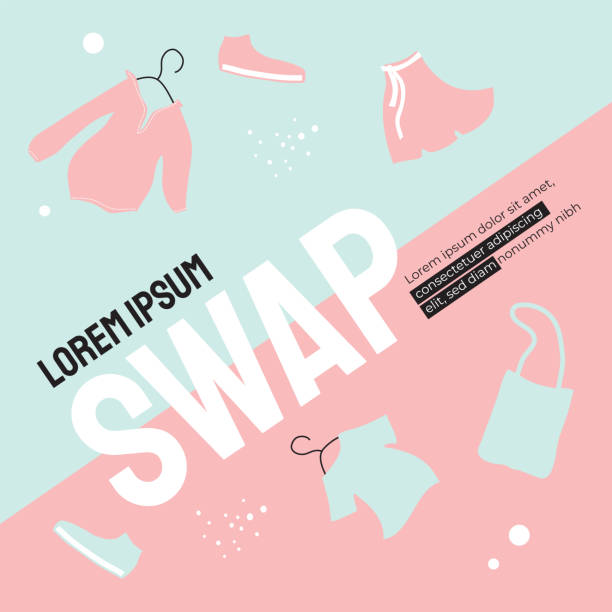 Swap shop or party template Poster for swap shop or party, event of exchange old wardrobe for new. Vector illustration with word SWAP on blue and pink background. Exchange clothes. Template for banner, layout, flyer, web, advert fashion bazaar stock illustrations
