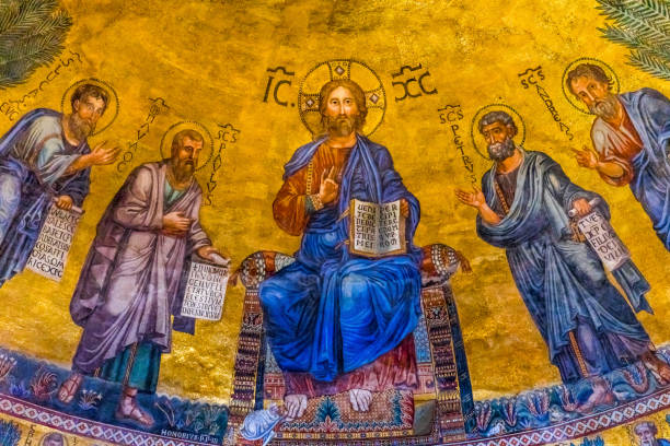 Jesus Disciples Mosaic Papal Basilica Paul Beyond Walls Rome Italy Ancient Jesus Disciples Peter Paul Mosaic Papal Basilica Saint Paul Beyond Walls Cathedral Church Rome Italy. One of 4 Papal basilicas, established over Saint Paul's burial place in 324 by Emperor Constantine peter the apostle stock pictures, royalty-free photos & images