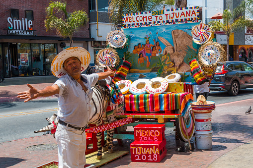 Tijuana, Baja California/Mexico - June 20, 2018:  A street vendor stands with welcoming arms in front of his tourist photo stand with a donkey painted with zebra stripes called a 