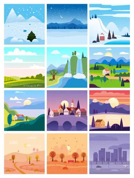 Vector illustration of Calendar set landscape winter, spring, summer, autumn in flat minimal simple style - season banners poster cover template. Vector isolated