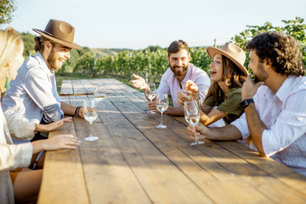 istock Friends drinking wine at the dining table on the vineyard 1175638367