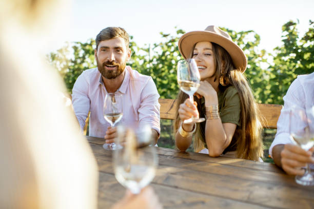 istock Friends drinking wine at the dining table on the vineyard 1175638378