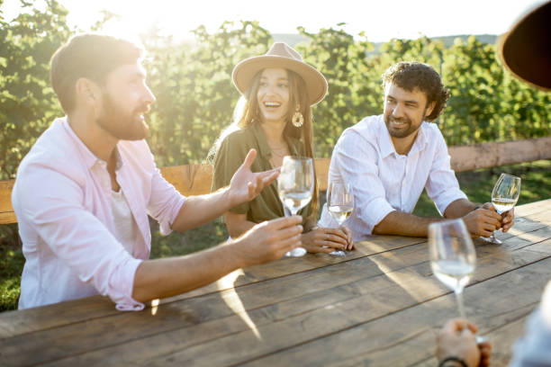 istock Friends drinking wine at the dining table on the vineyard 1175638383