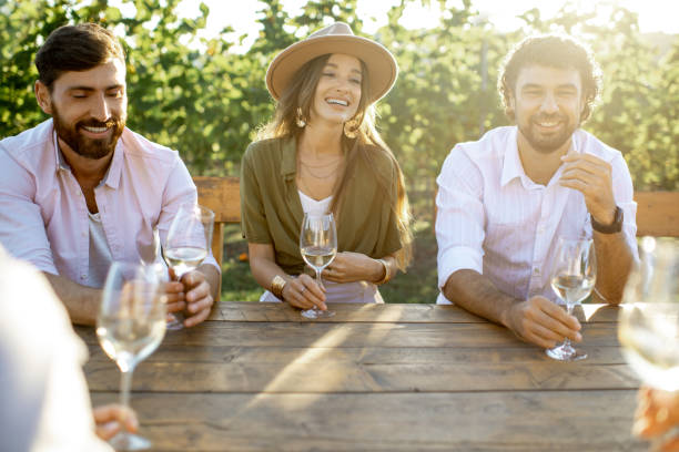 istock Friends drinking wine at the dining table on the vineyard 1175638406