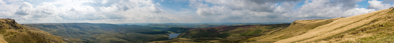 Panoramic shot of the Peak District’s landscape covered different colours of vegetation in a partially cloudy day in England, UK.