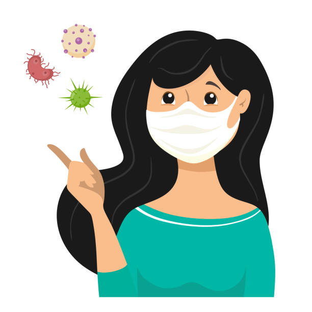 The masked girl, bacteria and viruses fly because the infection is transmitted through the air. Mask for protection against bacteria and viruses. Vector illustration in cartoon flat style The masked girl, bacteria and viruses fly because the infection is transmitted through the air. Mask for protection against bacteria and viruses. Vector illustration in cartoon flat style through stock illustrations