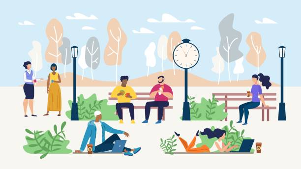 офисные люди отдыхают во время кофе-брейка в парке - meeting food nature foods and drinks stock illustrations