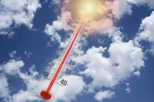 Thermometer with a high temperature reading on a scale, against a background of bright sun and a blue sky with clouds.