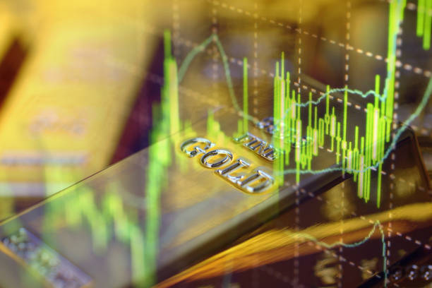 globales goldpreis-rohstoffkonzept - goldfarbig grafiken stock-fotos und bilder