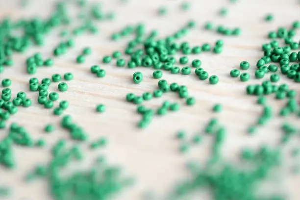 Closeup of green seed beads scattered on a wooden surface