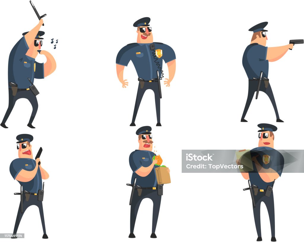 Funny Male Policeman Cartoon Characters Set Public Safety Officer In  Uniform Posing In Different Situations Vector Illustration Stock  Illustration - Download Image Now - iStock