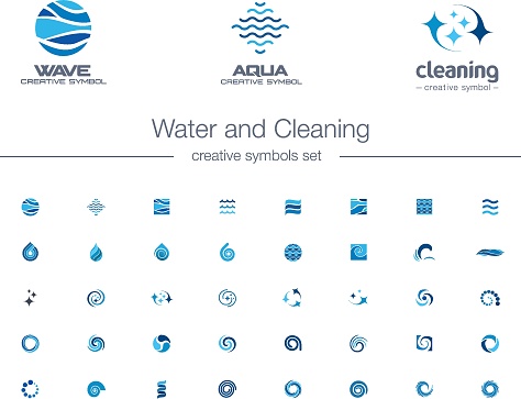 Water drops, waves and Cleaning creative symbols set. Pure aqua, bio drink abstract business concepts. Easy wash, refresh, sea, ocean icons