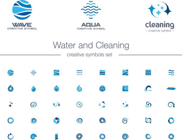 Water drops, waves and Cleaning creative symbols set. Water drops, waves and Cleaning creative symbols set. Pure aqua, bio drink abstract business concepts. Easy wash, refresh, sea, ocean icons wave water icons stock illustrations
